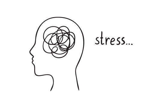 Anxious student amidst tangled thoughts. Brain in turmoil during latenight exam review. Simplistic artwork illustrating worried student battling fatigue and concentration issues during revision