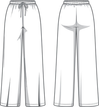 Technical flat sketch of women's wide leg pajama pants featuring elastic drawstring waistband and relaxed fit vector apparel design template for fashion tech pack.