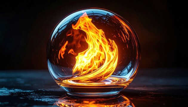 A fiery flame caged in a clear glass sphere