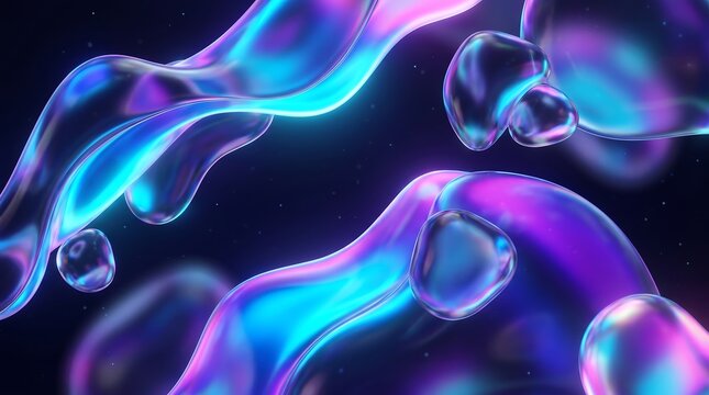 Abstract bioluminescent fluid bubbles with neon glow abstract art design background form shapes render computer graphic motion