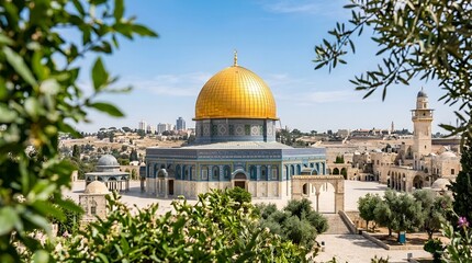 Fototapeta premium Dome of the Rock in Jerusalem framed by green foliage under blue sky in bright daylight