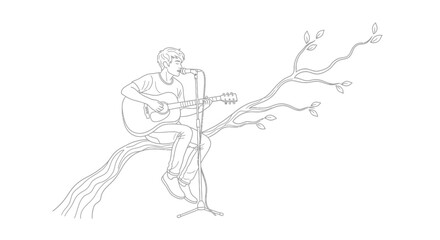 Obraz premium Musician playing guitar and singing into microphone while sitting on a tree branch