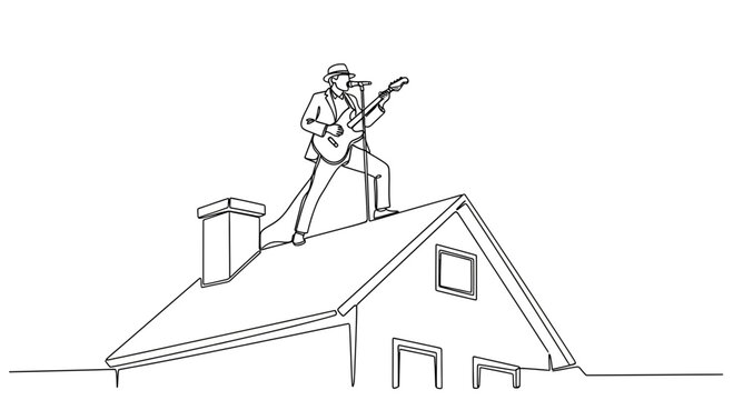 Musician playing guitar and singing on a rooftop, continuous line drawing
