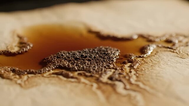 Close up of coffee spill on a wooden surface with textured foam.