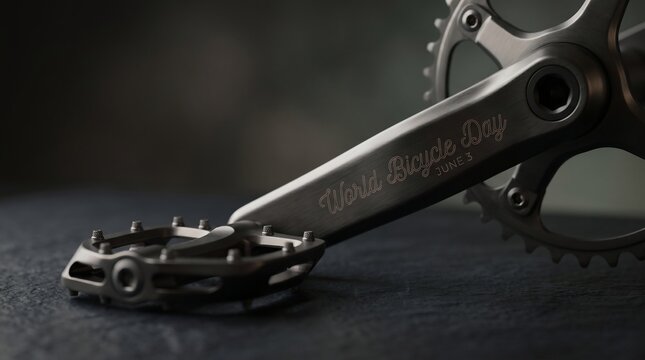 Close up of bicycle crankset and pedal on dark surface for world bicycle day