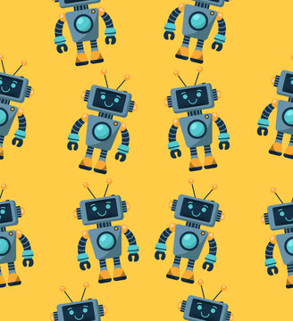 A robot pattern on a yellow background.