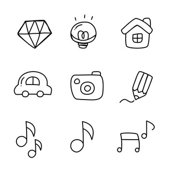 Cute Kawaii Sticker Icon Collection with Pastel Cartoon Objects, Hand Drawn UI Elements and Adorable Emoji Symbols black and white 