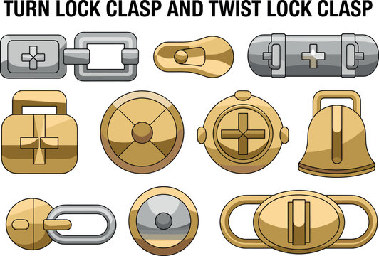 Technical Vector Illustration of Metal Turn Lock and Twist Lock Clasp Hardware Fasteners for Bag Garment and Luxury Accessory Fashion Design Templates SetArt & Illustration