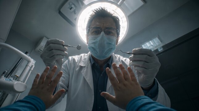 OV first person view of scared child raising hands to protect from looming dentist. Pediatric dental phobia, fear of dentist, childhood anxiety concept