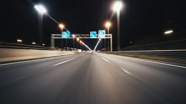 Dynamic view of a multi-lane highway at night, illuminated by bright streetlights, captured from a moving vehicle with motion blur effects a perspective shot from inside a traveling down a modern