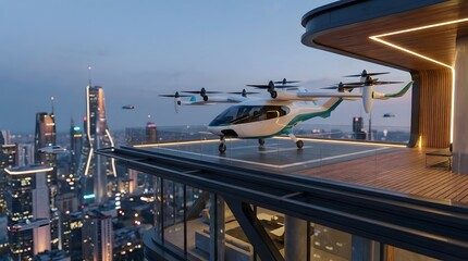 Fototapeta premium Futuristic electric vertical takeoff and landing aircraft parked on a modern skyscraper rooftop helipad overlooking a city skyline