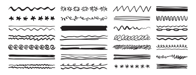 Doodle border set with star and heart motifs, playful hand drawn dividers and whimsical swirls for scrapbook, kids content, greeting cards, sticker design, highcontrast black elements on white © Yanka