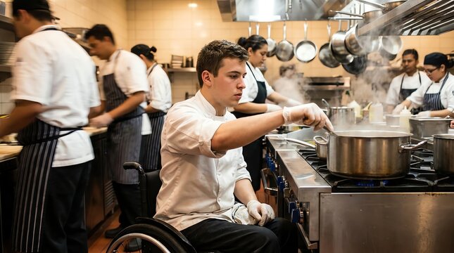 A young man in a wheelchair working as a professional chef in a busy commercial kitchen environment with team members.