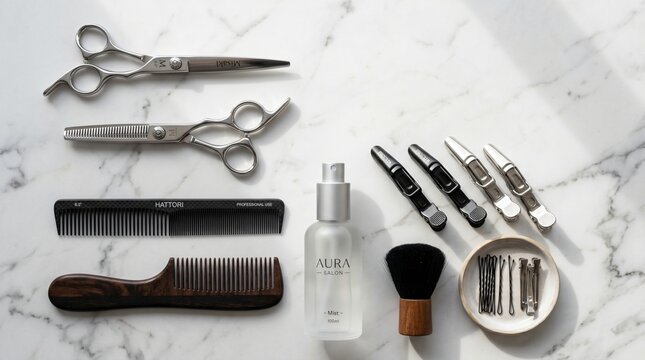 Flatlay composition of professional hairdressing tools including scissors, combs, and clips on a white marble background.