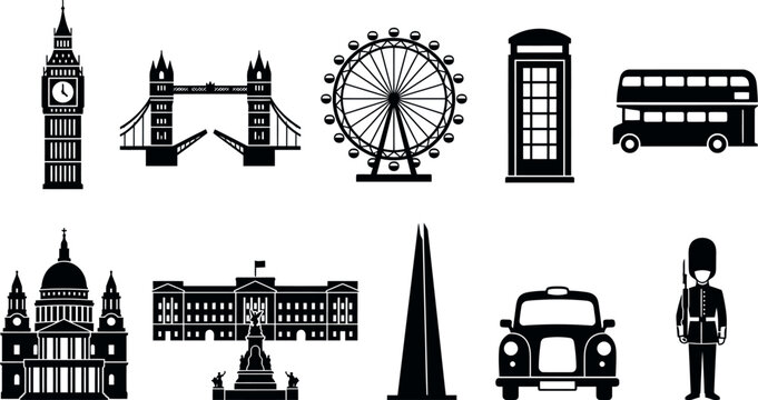Black silhouette of iconic London landmarks and symbols including Big Ben and the London Eye black silhouettes