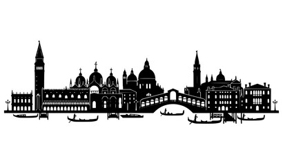 Black Venice skyline silhouette banner vector featuring Italian city landmarks isolated on white background © Wahida