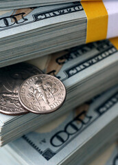 US coin lies among ten thousand dollars packs in stack on big amount of hundred dollar bills © Larysa