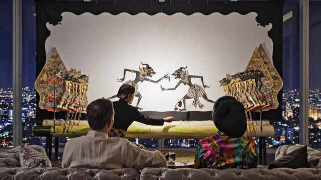 People watch traditional Wayang Kulit show overlooking city at night