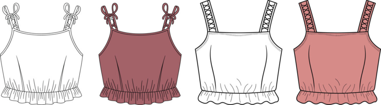 Cropped camisole top with shoulder tie straps lace up details and ruffle hem vector fashion technical sketch