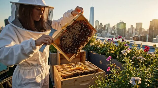 Woman beekeeper inspecting beehive on city rooftop at sunset