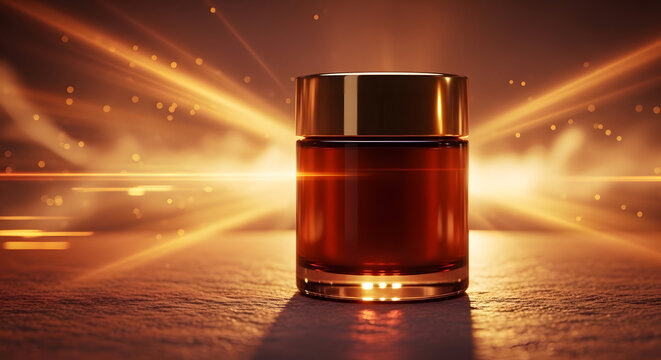 Aged Amber Elixir: A shot of rich, aged amber liquor sits in a polished glass, its warm hue illuminated by dramatic golden light flares and ethereal bokeh.