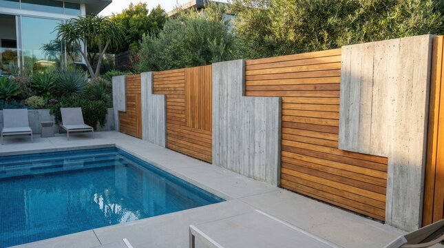 Modern backyard with swimming pool and wooden fence. Contemporary house exterior design with concrete wall cladding and garden lounge area. Luxury outdoor architecture and landscaping.