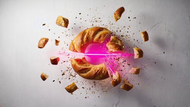 Breaking round bread with crumbs and neon light, Irish New Year tradition symbol of breaking bread for prosperity with copy space