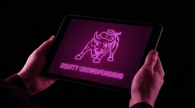 Hands holding a tablet displaying a neon pink bull logo for equity crowdfunding.