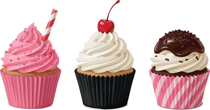 Sweet Cupcake Vector Set with Pink Strawberry Cream Vanilla Cherry and Chocolate Sprinkles Toppings for Bakery Menu and Birthday Celebration Designs