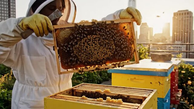 Woman beekeeper on rooftop with cityscape at sunset