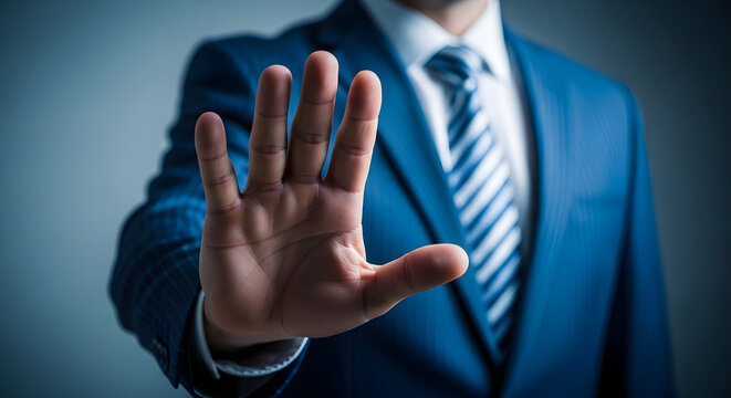 Stop Sign Hand Gesture: A man in a sharp blue suit and striped tie extends his hand forward, palm facing the viewer, conveying a clear message of stop or halt. This gesture represents denial, refusal.