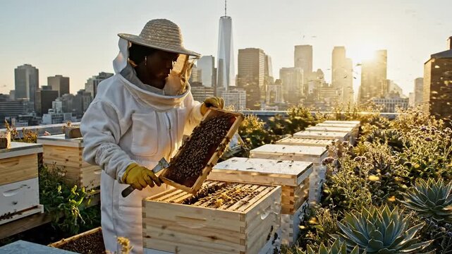 Woman beekeeper tending rooftop beehives in city at sunset