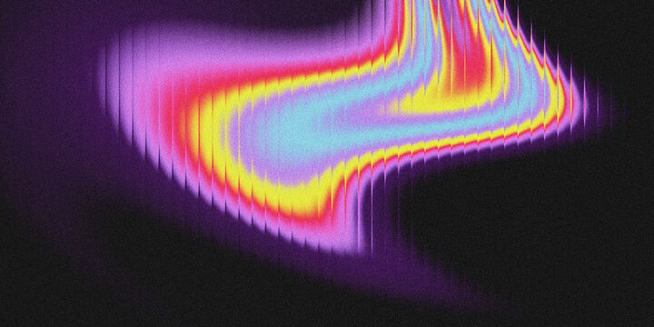 A vibrant, grainy abstract background featuring flowing, curved wave gradients in purple, pink, red, yellow, and cyan tones, with vertical streaks and a glitchy, fluid texture.