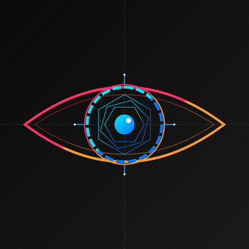 Abstract futuristic artificial intelligence eye graphic featuring neon geometric lines representing machine vision and biometric