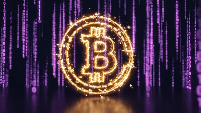 Minimalist 3D gold neon cryptocurrency symbol floating in a landscape of purple digital matrix code and glowing data particles.