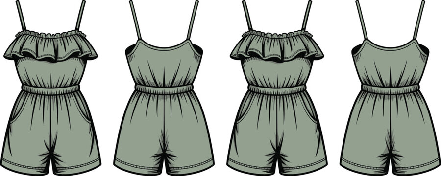 Sage green fashion technical sketch of a women's strappy ruffle romper with elastic waistband front and back view