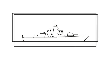 Naklejka premium Modern Warship Silhouette, Military Naval Vessel, Outline Drawing, Vector Art