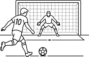 Fototapeta premium Soccer player number ten taking penalty kick against goalkeeper guarding net in line art illustration