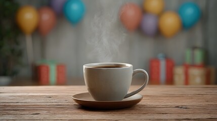 Fototapeta premium A white ceramic coffee mug emitting steam rests on a wooden surface creating a warm and cozy atmosphere