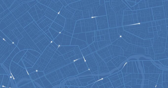 Animated City Map Tracking Multiple Moving Location Pins Across Urban Street Grid