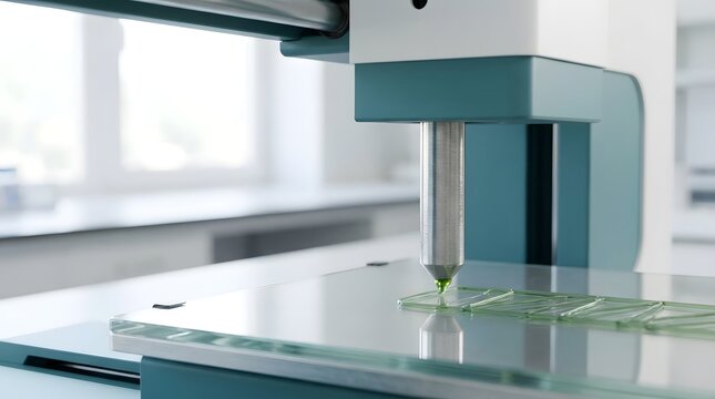 3d bioprinting process in a laboratory setting, closeup of a print head depositing green bioink onto a glass build plate