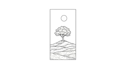 Fototapeta premium Minimalist Tree Silhouette on Hill Under Moon, Black and White Line Art Landscape