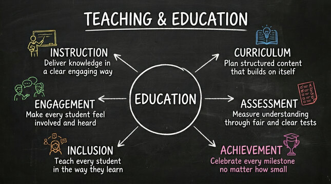 Teaching and education mind map on blackboard, academic instruction and curriculum flowchart, school learning concepts with chalk drawings
