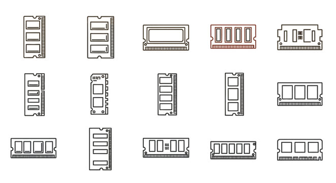 Set of computer ram modules in various styles isolated on white background