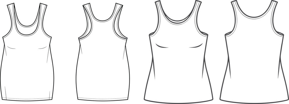 Cad drawing flat vector illustration of women basic tank top scoop neck undershirt front and back view