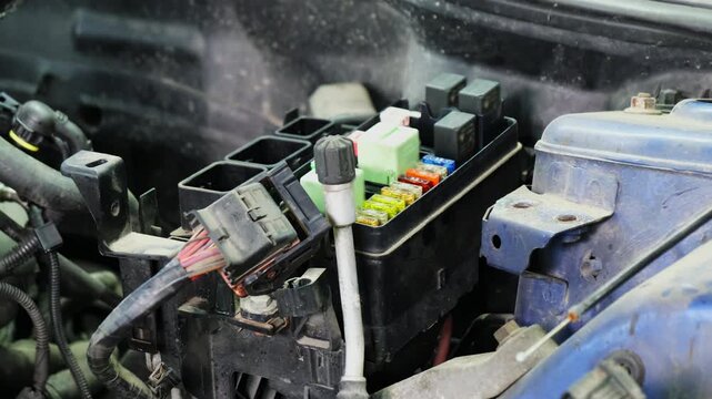 Fuse and relay box in engine compartment of automobile. Electrical system protects circuits and distributes power through harnesses