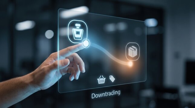 Consumer Downtrading - A hand selects a value option over premium on a sleek interface, illustrating downtrading and consumer choice in a modern, minimal style.