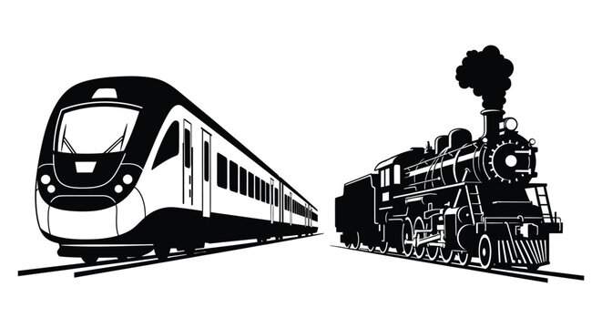 Modern Bullet Train And Steam Locomotive Silhouettes On Tracks