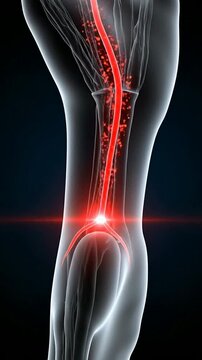 Stylized Human Leg Anatomy Visualization Highlighting Blood Vessels and Artery on Dark Background for Medical, Educational, and Health Purposes