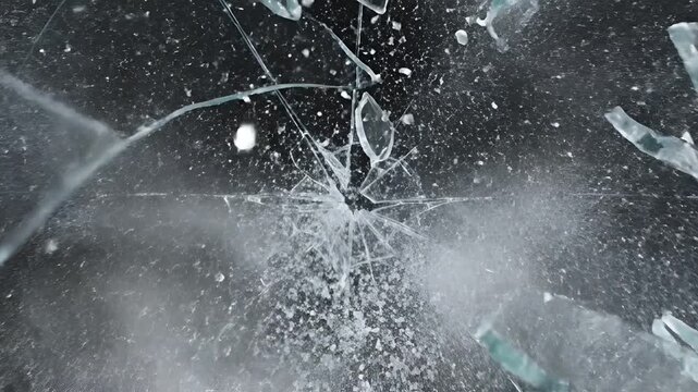 Shattered glass explosion effect with fragments flying outwards.